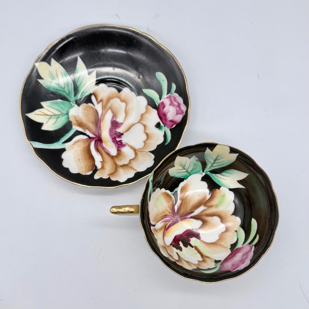 Orion China Teacup Saucer Set Occupied Japan Hand Painted Black Floral Peony - Picture 3 of 4